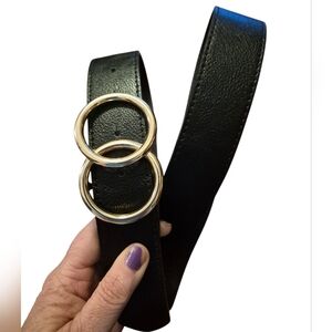 Ellen Tracy Black Faux Leather O-Ring Gold Plated Buckle Womens Belt, Size 1X